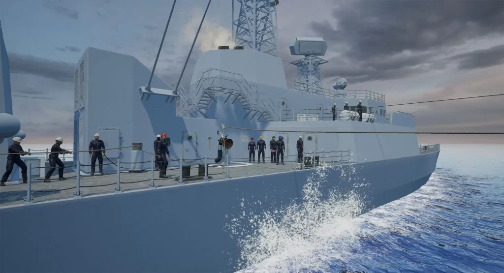 A group of people stands and works on the deck of a navy ship as waves splash against the hull under a cloudy sky.