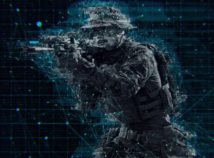 A digital illustration of a soldier in uniform aiming a rifle, with blue network lines and points overlaying the figure and background.