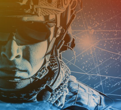 Close-up of a person wearing military gear, helmet, and sunglasses, with a digital map and network lines in the background.
