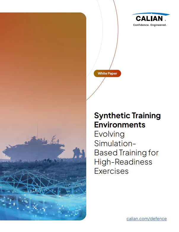 Cover page of a white paper titled "Synthetic Training Environments" with a silhouette of a military vehicle at sunset and abstract blue lines at the bottom.