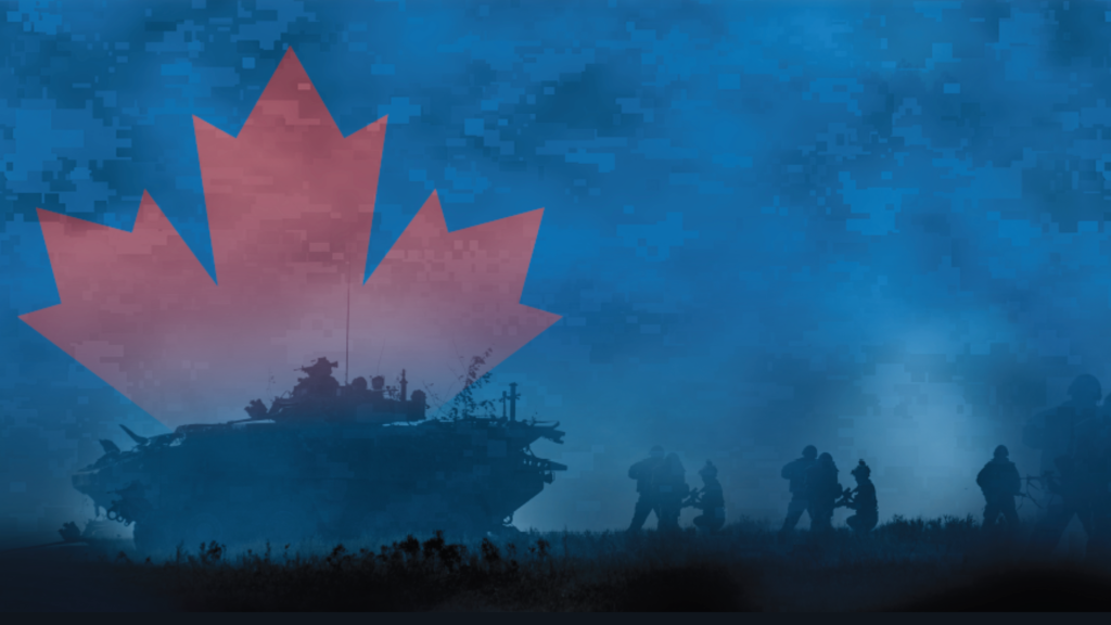 Silhouettes of soldiers and an armored vehicle appear against a blue background with a large red maple leaf.