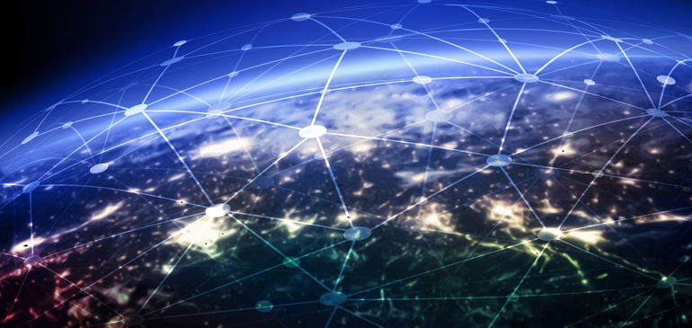 A view of Earth from space with interconnected lines and nodes representing a digital global network.