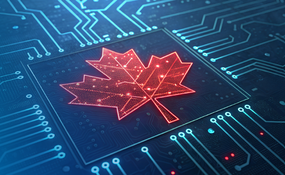 A glowing red maple leaf is displayed at the center of a blue digital circuit board, symbolizing technology in Canada.