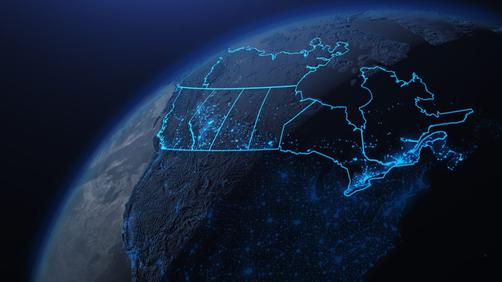 Digital rendering of North America from space, showing the United States and Canada with highlighted borders and glowing city lights.