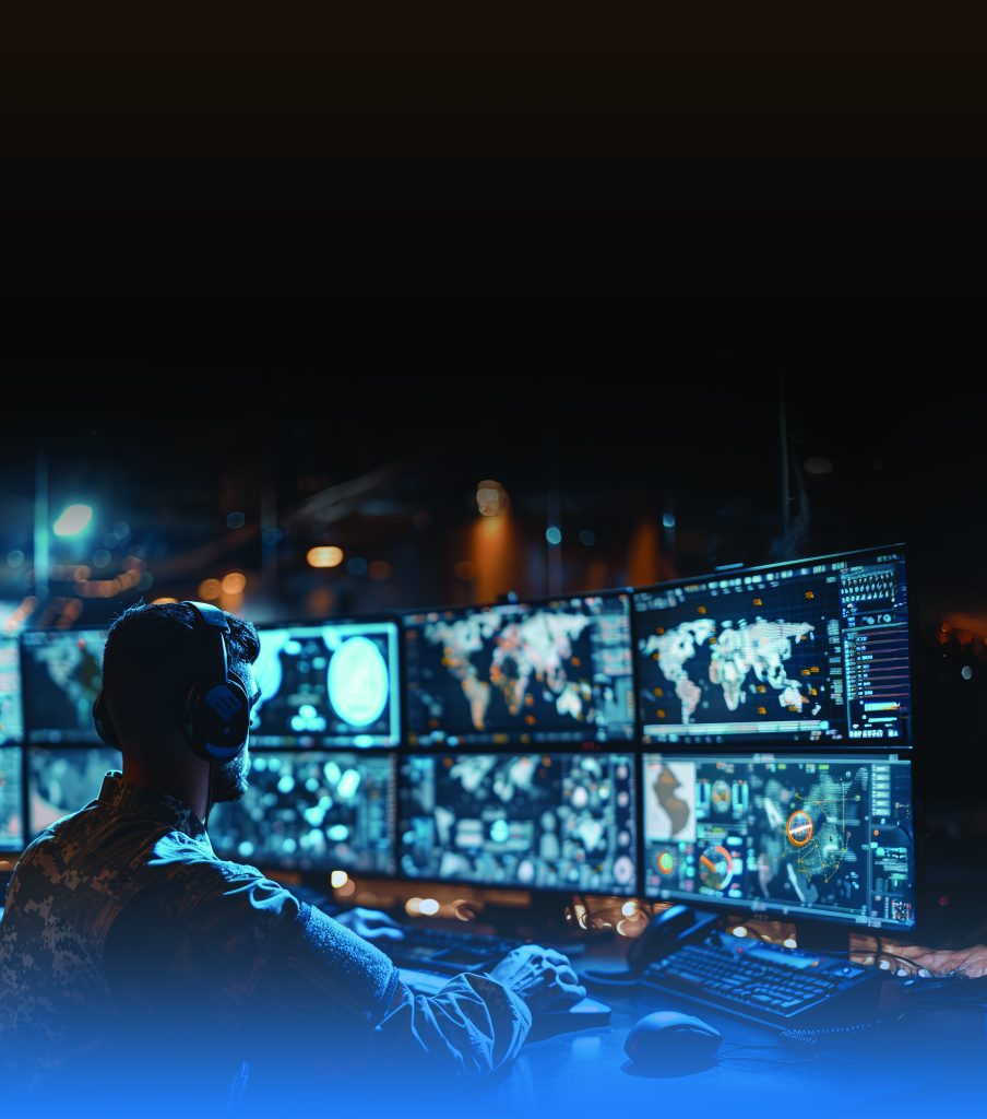 Une personne en uniforme militaire surveille plusieurs écrans affichant des cartes et des données dans un centre d'opérations faiblement éclairé.