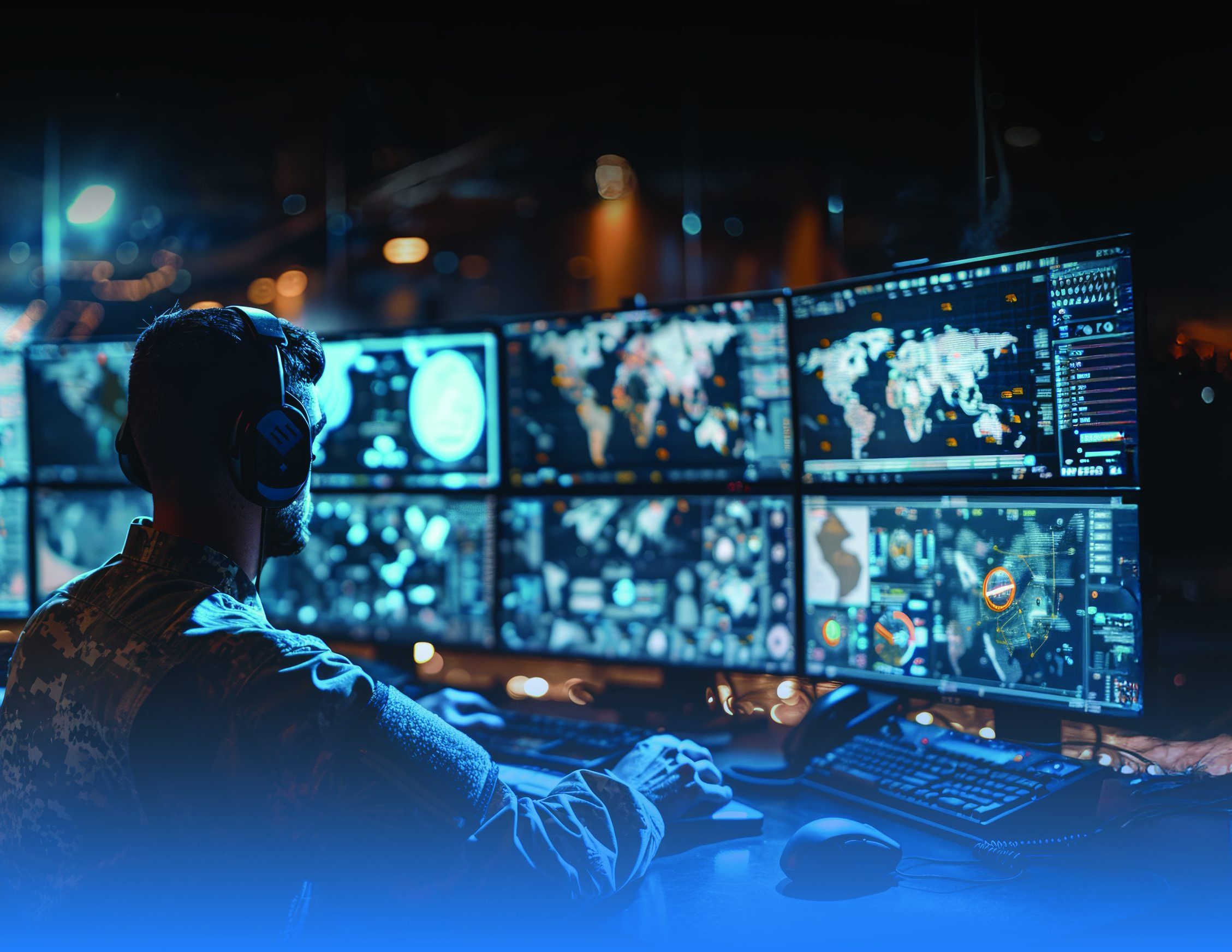 Une personne en uniforme militaire surveille plusieurs écrans affichant des cartes et des données dans un centre d'opérations faiblement éclairé.