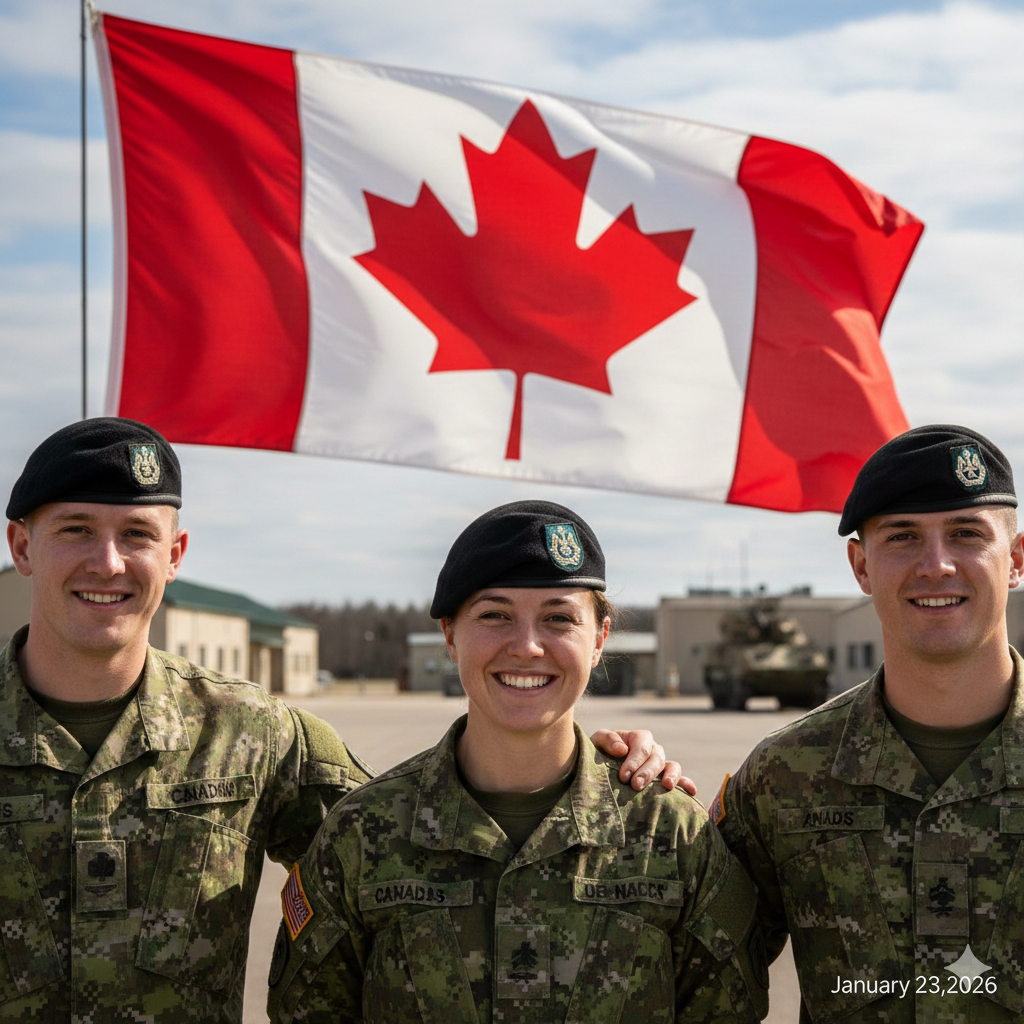 Three Canadian soldiers in uniform stand smiling in front of a large Canadian flag outdoors, with military vehicles and buildings in the background. The date "January 23, 2026" is visible.