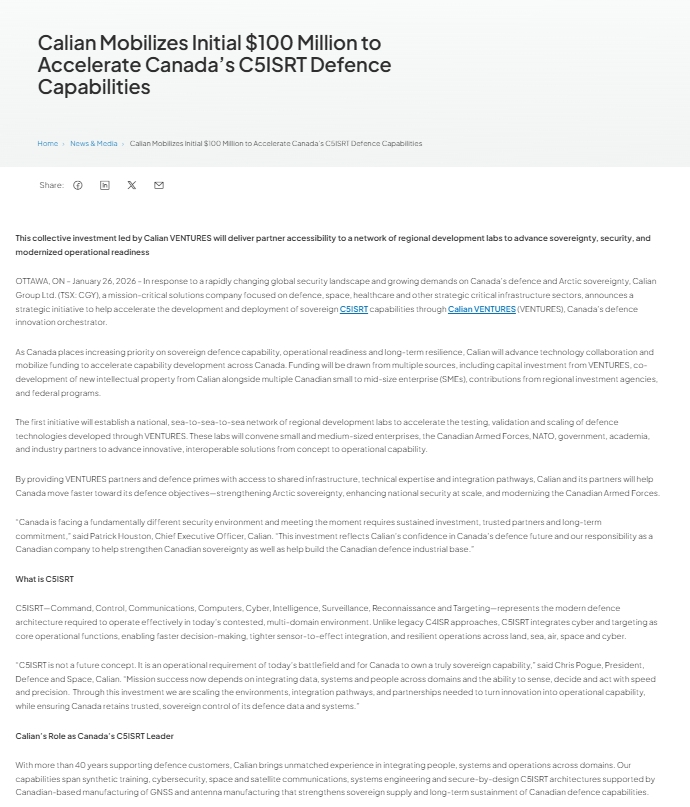 Screenshot of a news article titled "Calian Mobilizes Initial $100 Million to Accelerate Canada’s C5ISR Defence Capabilities," outlining an investment to enhance national defense technology and infrastructure.