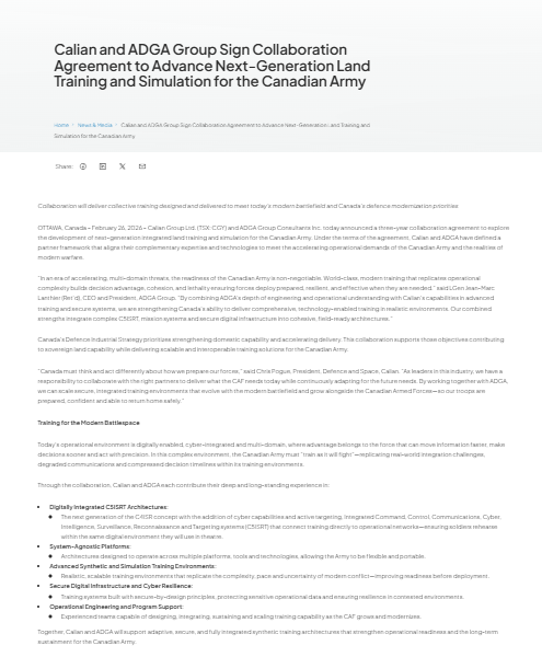 Screenshot of a press release announcing Calian and ADGA Group's collaboration agreement to develop land training and simulation solutions for the Canadian Army.