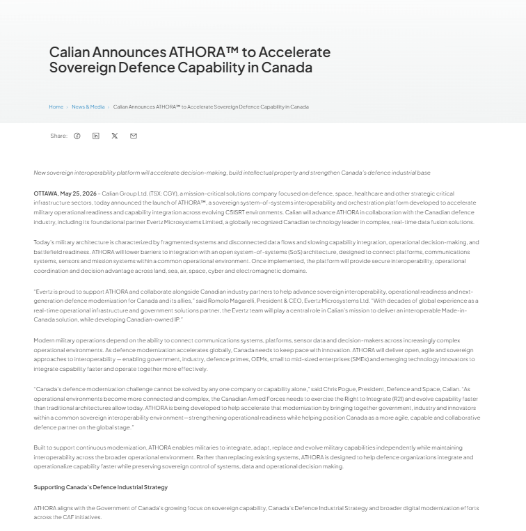 Screenshot of a news article titled "Calian Announces ATHORA™ to Accelerate Sovereign Defence Capability in Canada," featuring text about the ATHORA system and its impact on Canadian defence.