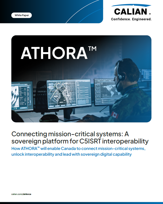 A uniformed individual wearing a headset monitors multiple computer screens displaying maps and data, with the text "ATHORA™" and information about C5ISRT interoperability.