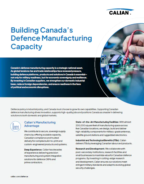 A brochure page titled "Building Canada’s Defence Manufacturing Capacity" with text, a hand working on electronics, and the Calian logo.