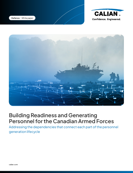 Cover of a white paper titled "Building Readiness and Generating Personnel for the Canadian Armed Forces," featuring a military vehicle in a foggy field with digital network graphics overlay.