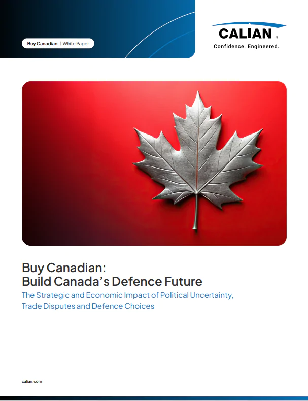 A silver maple leaf on a red background with the text “Build Canada’s Defence Future” and Calian’s logo at the top right.