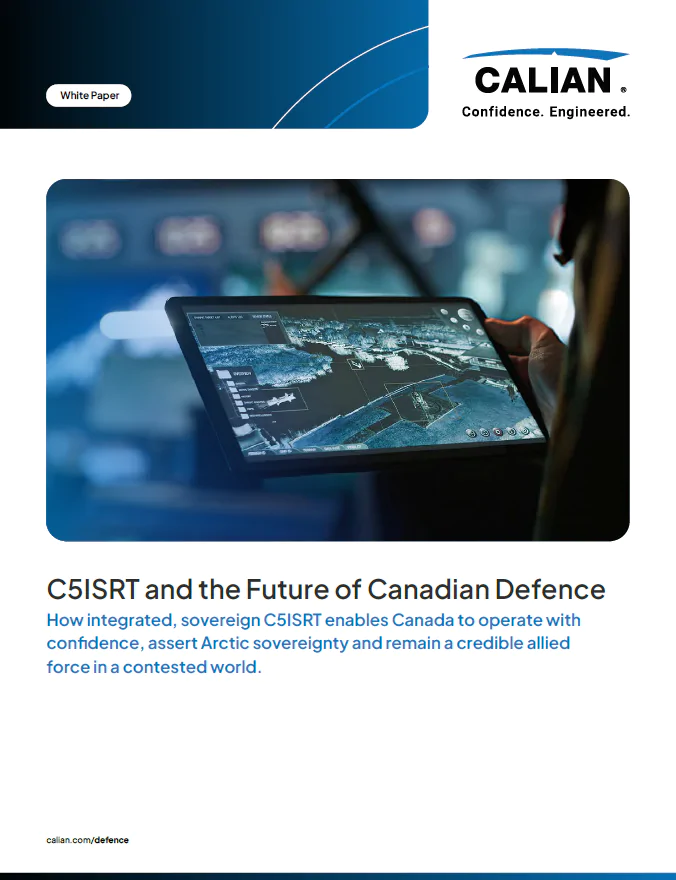 A person holds a tablet displaying a digital map, with monitors in the background. Text discusses C5ISRT and the future of Canadian defence.