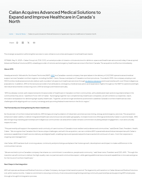 Screenshot of a news article titled "Calian Acquires Advanced Medical Solutions to Expand and Improve Healthcare in Canada’s North," detailing the acquisition and its benefits for northern healthcare.