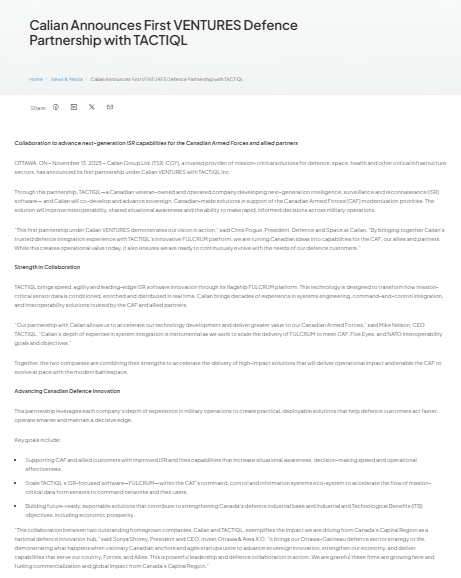 Screenshot of a news article announcing Calian's partnership with TACTIQL for developing ISR solutions for the Canadian Armed Forces, featuring text outlining the collaboration details and key project points.
