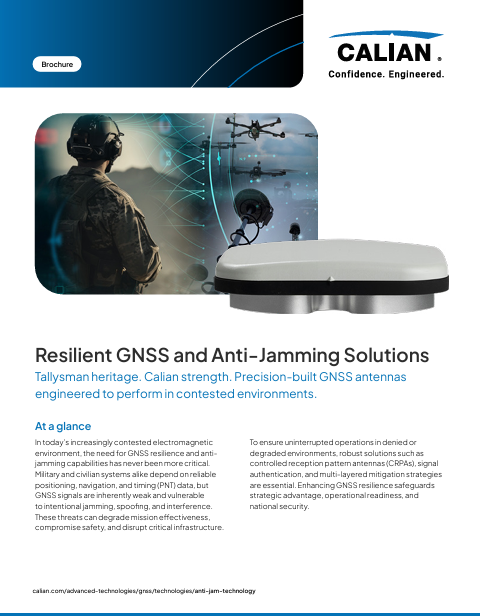 Brochure featuring Calian's resilient GNSS and anti-jamming solutions, showing a GNSS antenna and a person in tactical gear monitoring a digital interface.