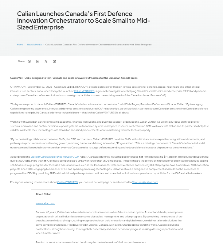 Screenshot of a news article titled "Calian Launches Canada’s First Defence Innovation Orchestrator to Scale Small to Mid-Sized Enterprise," detailing a new initiative for Canadian Armed Forces innovation.
