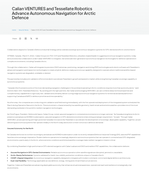 Screenshot of a press release detailing Calian and Tessellate Robotics' partnership to develop autonomous GPS-based navigation systems for Arctic defence.