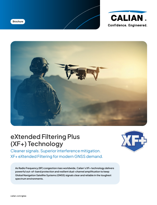 A person operates a drone outdoors. The image promotes Calian’s eXtended Filtering Plus (XF+) Technology for improved GNSS signal quality and interference mitigation.