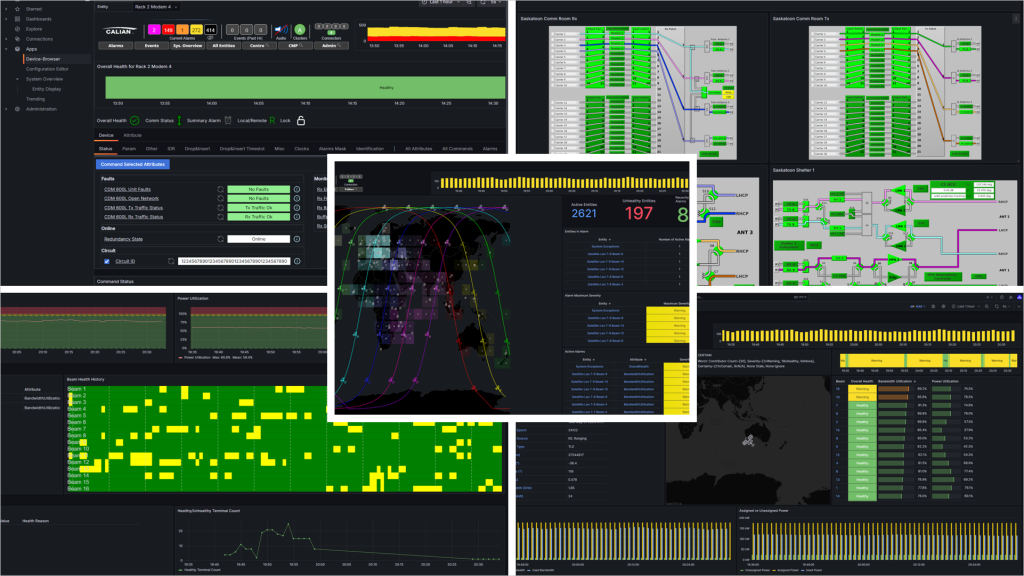 A collage of multiple dashboard interfaces displaying data visualizations, tables, graphs, maps, and workflow diagrams with predominantly dark backgrounds and green, yellow, and purple highlights.