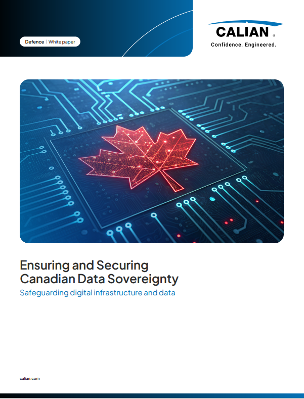 Cover of a white paper titled “Ensuring and Securing Canadian Data Sovereignty” featuring a digital maple leaf on a circuit board background. The CALIAN logo appears at the top.
