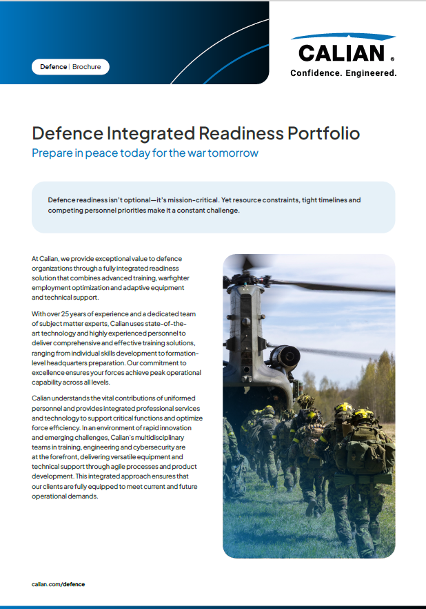 A promotional brochure for Calian's Defence Integrated Readiness Portfolio, featuring a group of soldiers in uniform and text describing their defence solutions.