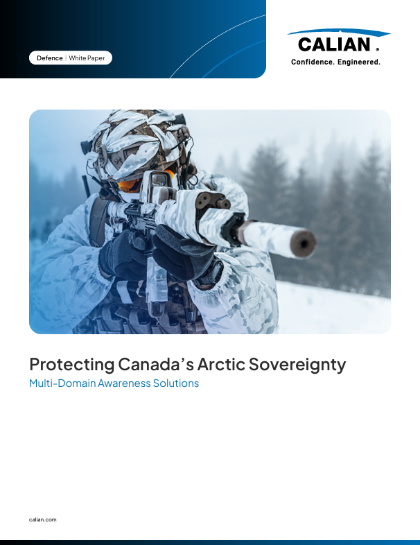 A soldier in white camo aims a rifle in a snowy, forested environment. The cover text reads “Protecting Canada’s Arctic Sovereignty. Multi-Domain Awareness Solutions.”.