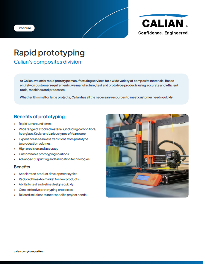 A brochure page for Calian's composite division describing rapid prototyping services, with a 3D printer and a list of benefits and features.
