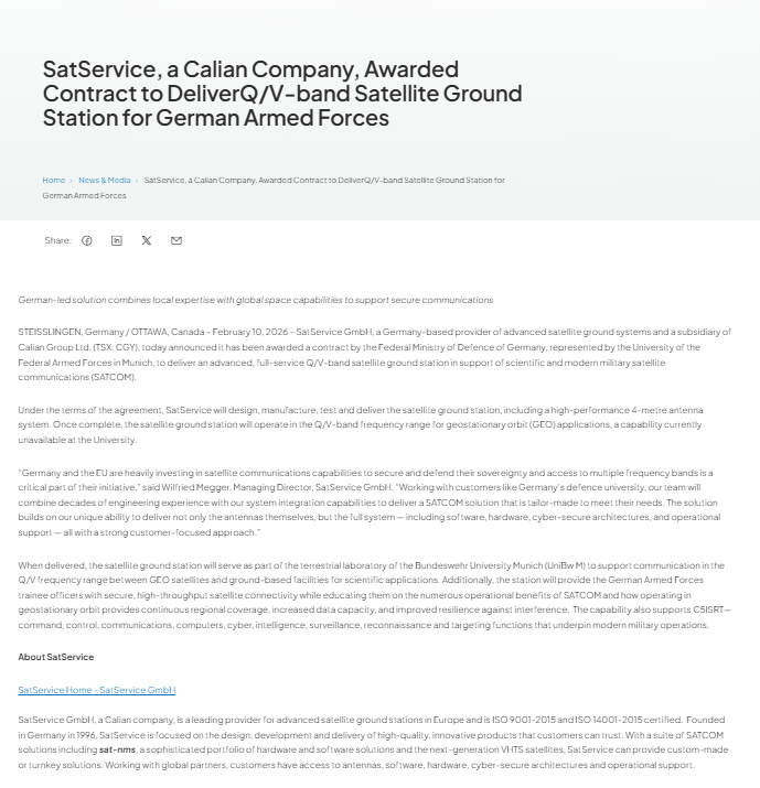 Screenshot of a news article announcing that SatService, a Calian company, has been awarded a contract to deliver a V-band satellite ground station for the German Armed Forces.