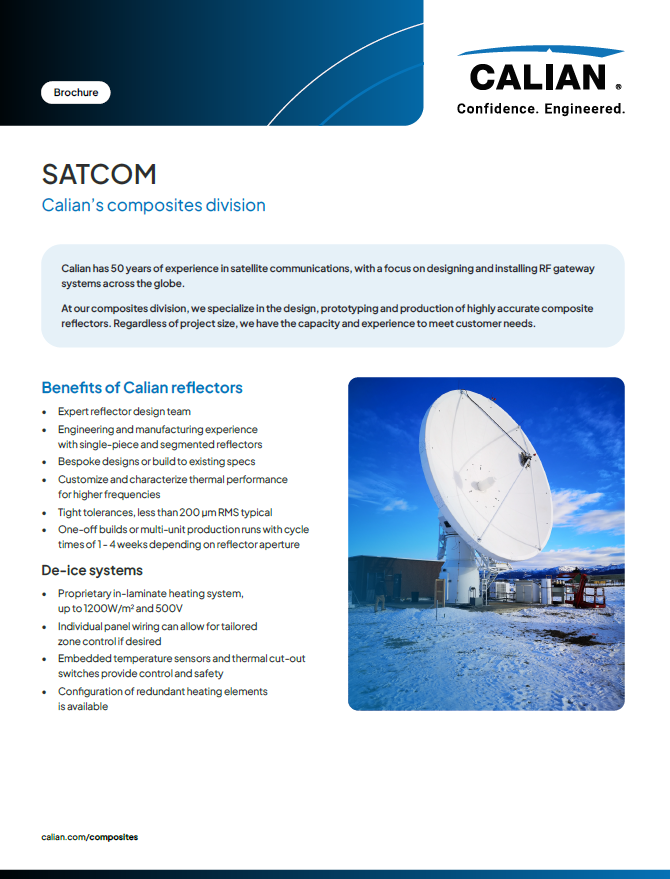 A brochure page for Calian’s composites division, featuring a large satellite dish, company logo, and text listing benefits of reflector designs and de-ice systems.