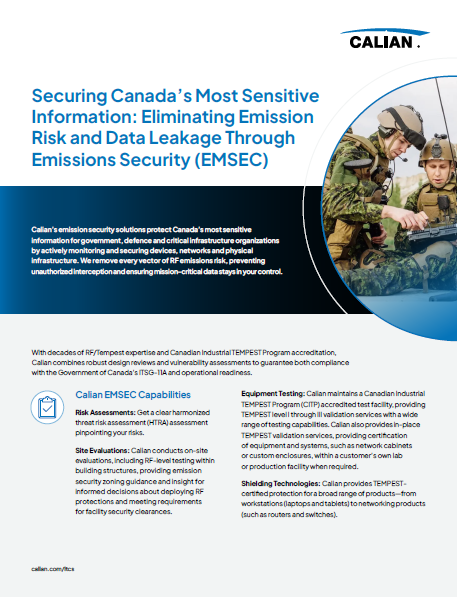 Two people in military uniforms operate communication equipment, with text describing Calian’s emission security solutions for protecting Canada’s sensitive information and data.