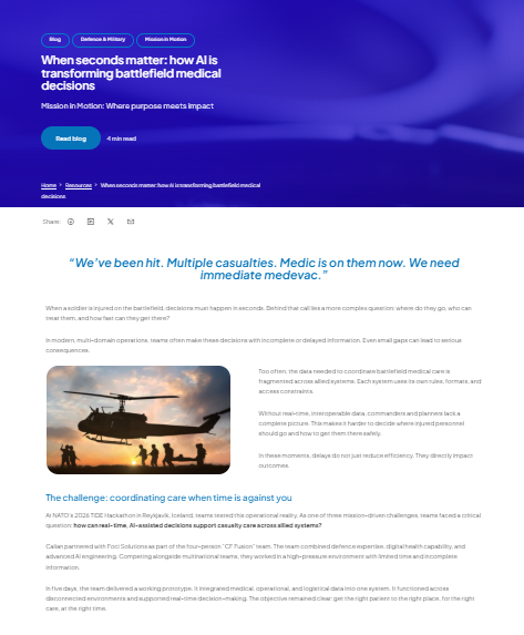 Screenshot of an online article titled "When seconds matter: How AI is transforming battlefield medical decisions," discussing AI’s role in emergency military medical response.