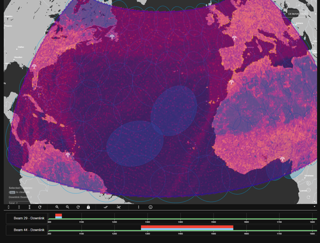 Satellite coverage map over the Atlantic Ocean showing overlapping beam footprints in purple and red, with activity timelines for Beam 29 and Beam 44 displayed at the bottom.