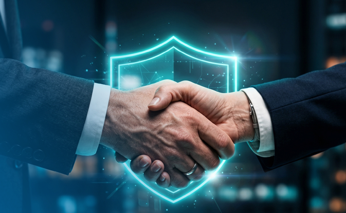 Two people in business attire shaking hands, with a glowing digital shield in the background, symbolizing security or a secure business agreement.