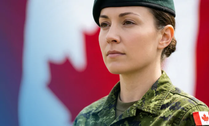 A person in military uniform and beret stands in front of a blurred Canadian flag, with a Canada flag patch visible on the shoulder.
