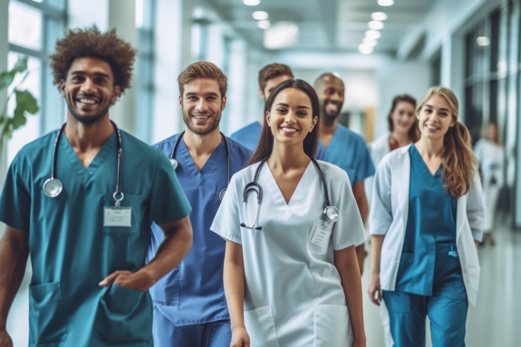 A group of nurses walking down a hallway.