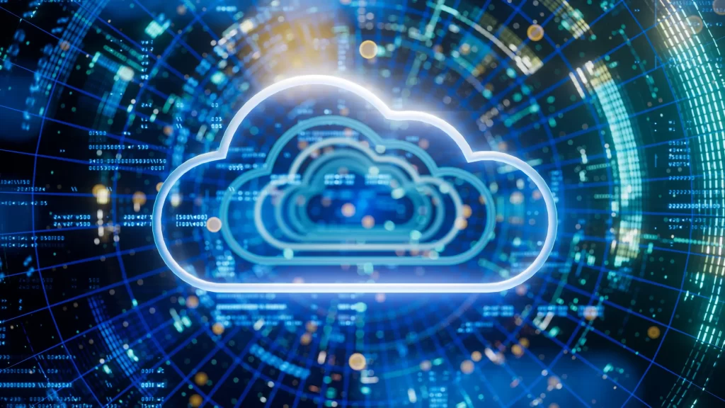 A digital cloud icon is displayed against a background of interconnected data nodes and circuitry, symbolizing cloud computing and data storage technology.