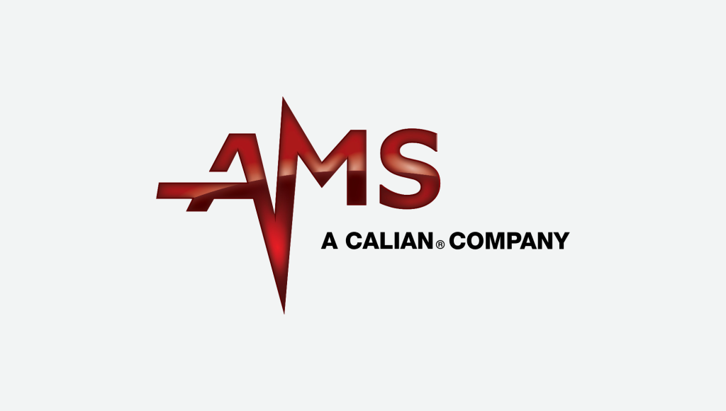 AMS logo with stylized red letters and a heartbeat line, accompanied by the text "A CALIAN® COMPANY" in black on a light gray background.