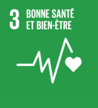 White electrocardiogram line with a heart icon on green background, labeled "3 Bonne santé et bien-être," representing UN Sustainable Development Goal 3: Good Health and Well-being.