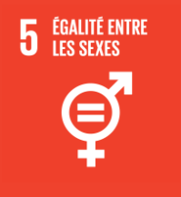 Red graphic with the number 5, text "Égalité entre les sexes," and a gender equality symbol combining male and female signs with an equals sign in the center.