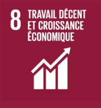 White upward graph and French text "8 Travail Décent et Croissance Économique" on a burgundy background, representing UN Sustainable Development Goal 8.