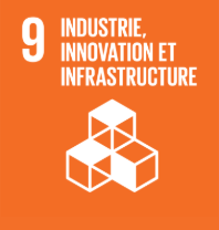 Orange square with the number 9, the text "Industrie, Innovation et Infrastructure," and a white icon of three interlocking cubes.