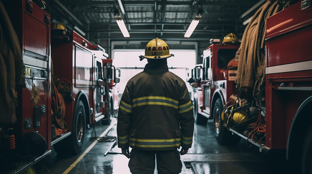 A firefighter in full gear stands inside a fire station between two fire trucks, facing away from the camera.