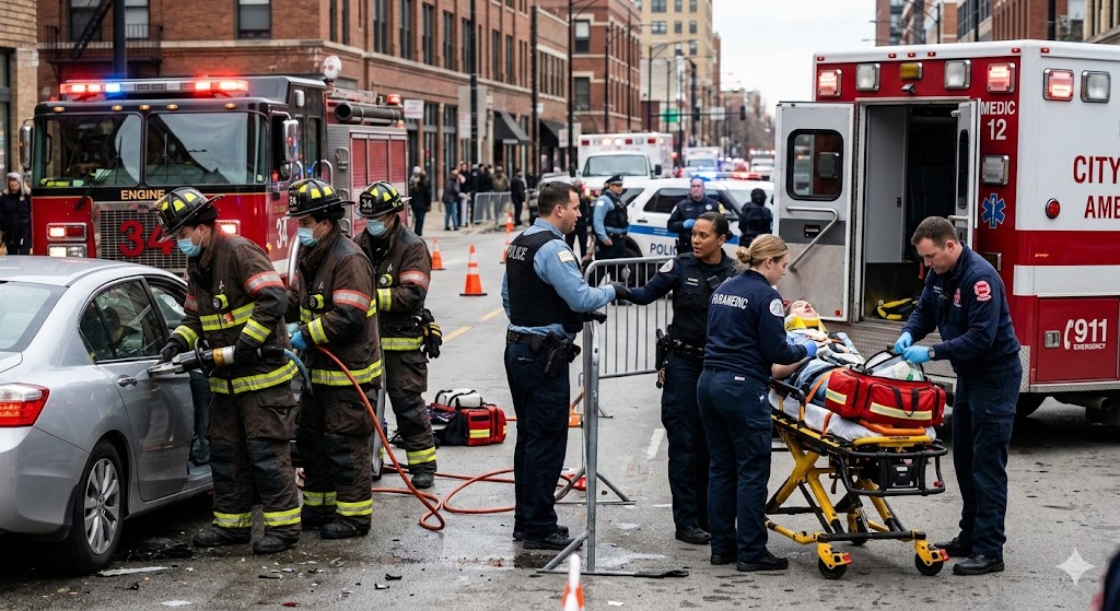Firefighters, police, and paramedics respond to a car accident scene on a city street; a person is being loaded onto a stretcher while others work near a damaged vehicle.