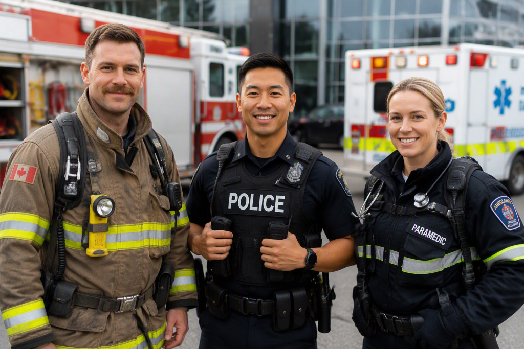 Three emergency responders—a firefighter, police officer, and paramedic—stand together in uniform outside, with ambulances visible in the background.