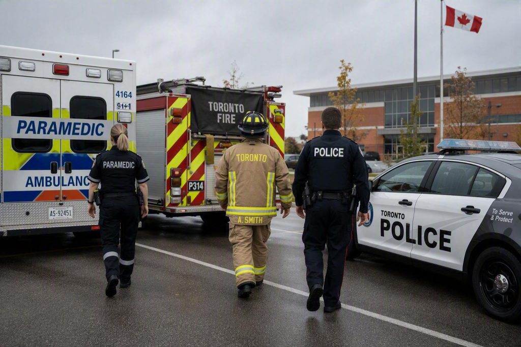 A paramedic, firefighter, and police officer walk side by side toward emergency vehicles in a parking lot.