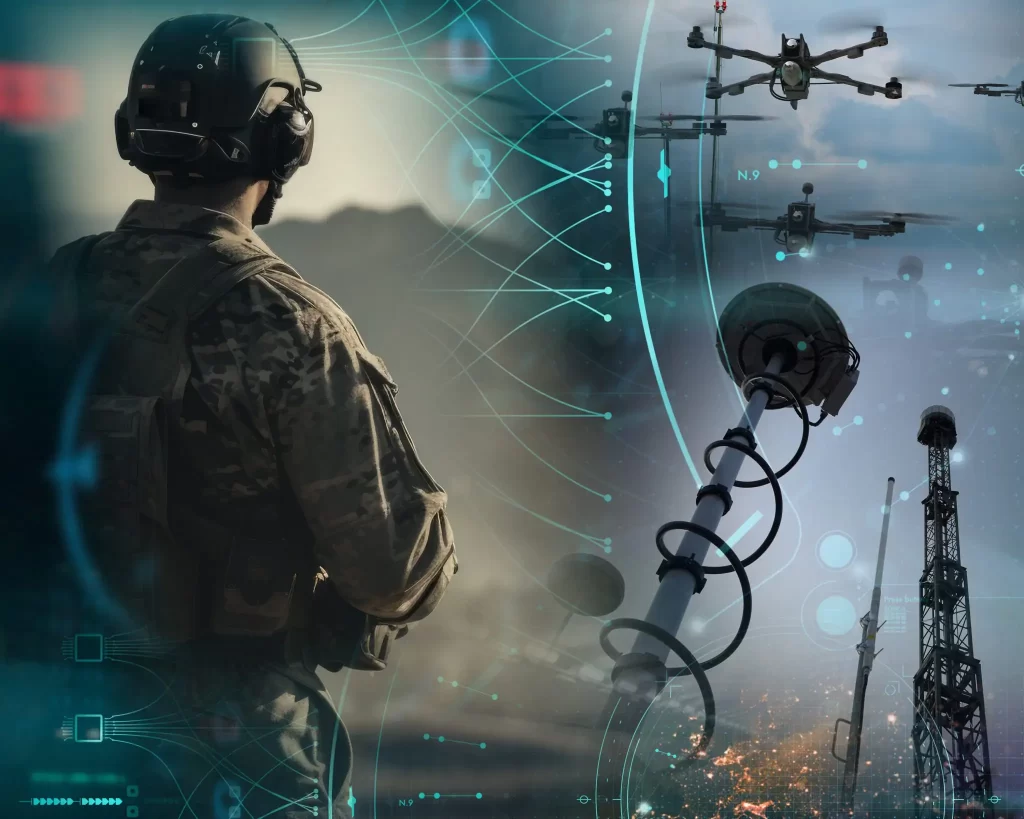 A soldier in uniform stands outdoors with graphics of drones, communication towers, and digital network elements superimposed on the image.