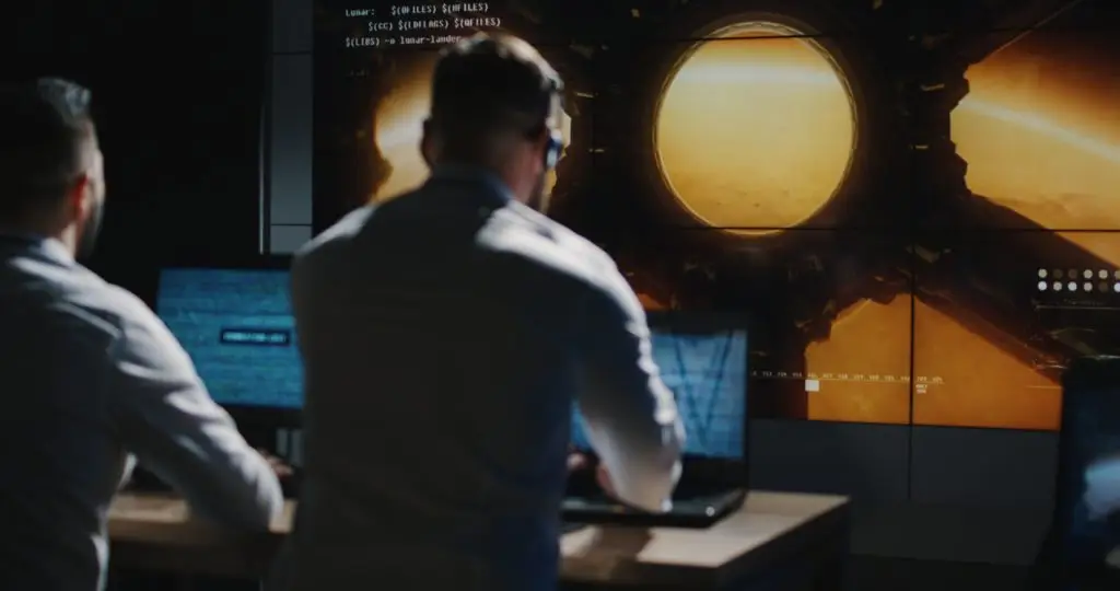 Two people in lab coats work on laptops, focusing on a large screen displaying data beside an image of a celestial object, possibly the sun, in the background.